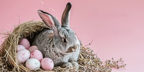 Gray rabbit with Easter eggs in the hay isolated on pastel pink background.