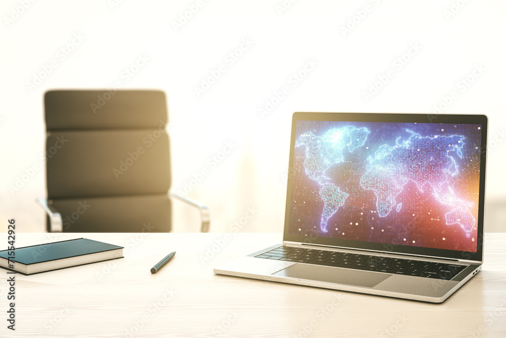 Poster Modern computer monitor with abstract digital world map, research and strategy concept. 3D Rendering
