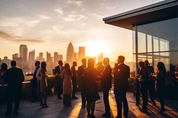 Elegant Evening Networking Event on Rooftop Terrace with City Skyline at Sunset, Corporate Social Gathering Concept