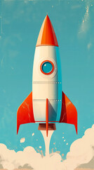 Space rocket on a blue background. Cosmonautics day concept illustration. Place for text, copy space. Vertical Banner
