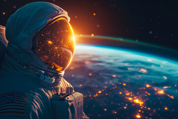 Astronaut in spacesuit with American flag patch on shoulder on background planet earth. Illuminated by sunlight. Cosmonautics day concept. Astronomy and cosmos. Free space for text, copy space