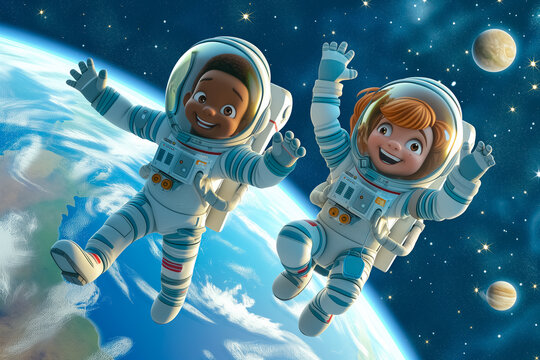Illustration of happy children in spacesuits in outer space. African American boy and red-haired girl astronauts. Cosmonautics Day and astronomy concept, cover for school notebook, cartoon style.