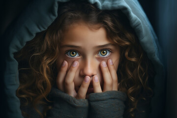 Little girl covering her mouth with her hands. Portrait of afraid or scared little girl, family abuse relationship, parent abuse, bullying at school, anxiety child.