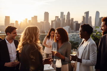 Diverse Group of Young Professionals Enjoying a Casual Rooftop Party at Sunset, Urban Socializing Concept - obrazy, fototapety, plakaty