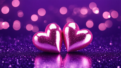 Fototapeta premium Two pink heart on glitter background, valentines day banner