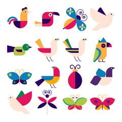 Geometric modern Abstract birds butterflies in flat minimalist style.  Bauhaus
