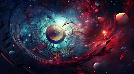 abstract scene with clocks and planets in space. 3d rendering, Colorful abstract wallpaper texture background, Universe and time travel between stars and planets