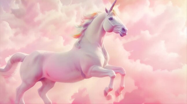 flying pastel colored unicorn in pink fluffy clouds