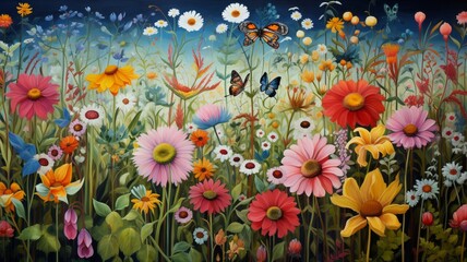 Obraz na płótnie Canvas Beautiful botanical flowers garden small butterfly flying wallpaper