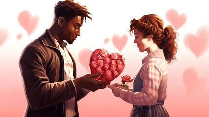 An African-American boy in love gives a European girl flowers and a box of heart-shaped sweets for Valentine's Day - obrazy, fototapety, plakaty