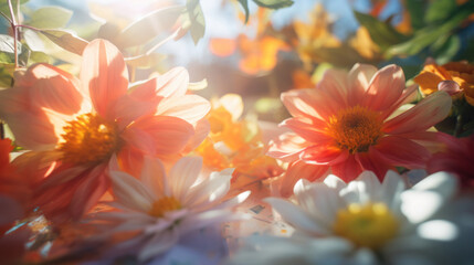 Obraz na płótnie Canvas Warm sunlight filters through colorful flowers in a soft focus, creating a bright and dreamy scene.