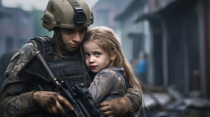 Fototapeta premium Soldier and children on battlefield background. Military and rescue operation concept.