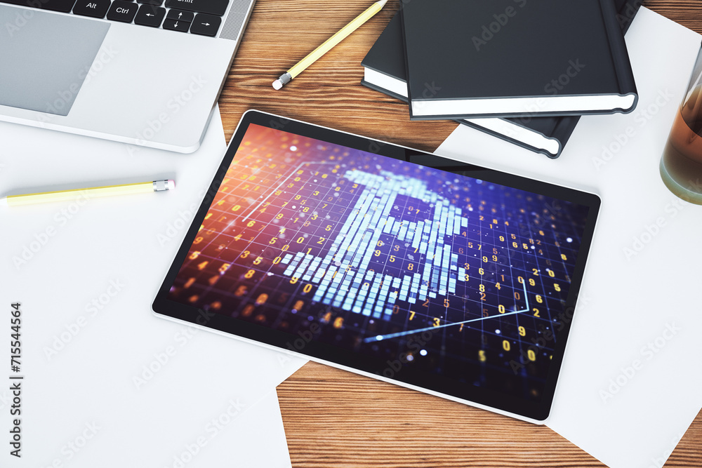 Aufkleber Creative Bitcoin concept on modern digital tablet display. Top view. 3D Rendering