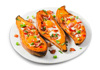 Baked Sweet Potato Stuffed with Egg, Bacon, and Green Onions on a Plate on White Background