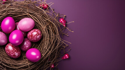 A nest filled with decorative purple Easter eggs against a purple backdrop, symbolizing spring celebration.