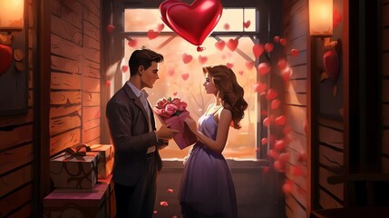 A young man gives a girl flowers and a box of heart-shaped candies for Valentine's Day