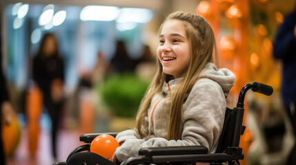 A joyful young girl in a wheelchair with a balloon, smiling brightly in a shopping mall environment. - obrazy, fototapety, plakaty