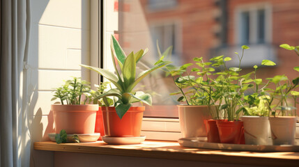 A collection of potted indoor plants thriving on a sunny window sill, showcasing urban home gardening.