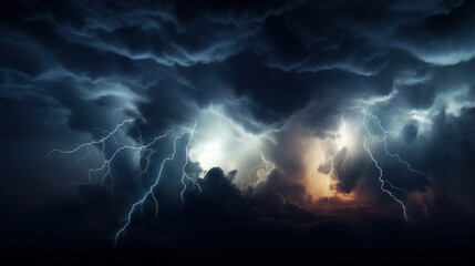 A powerful thunderstorm at night showcasing multiple lightning bolts piercing through dark clouds.