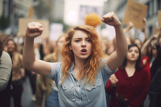 Portrait of young woman on a protest raising fists outdoors with crowd in the background.