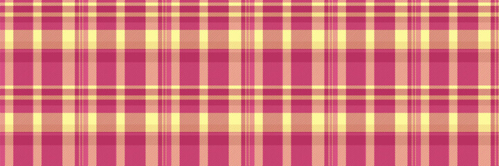 Horizontal check fabric plaid, usa seamless pattern vector. Micro tartan background textile texture in pink and yellow colors.