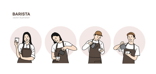 A barista illustration of making espresso and americano hand drip. A barista with a man and a woman holding a coffee cup by hand. Hand drawn vector illustration