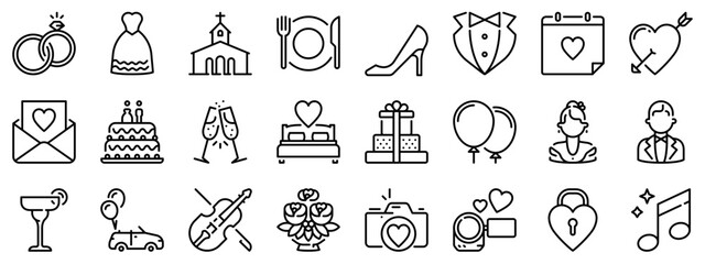 Icon set about wedding. Line icons on transparent background with editable stroke.