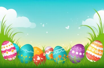 Easter illustration with colorful eggs outdoors in the grass