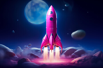Fantastic Cartoon Pink Spaceship Flies in Outer Space. Concept for Celebrating Cosmonautics Day. Space Exploration, Satellite Launch, Flight to the Moon.
