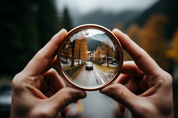 Hands holding magnifying glass, capturing car and scenic landscape through the glass - obrazy, fototapety, plakaty
