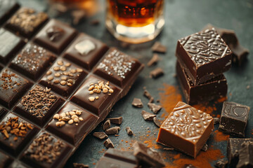 A delectable image featuring chocolate with whisky blend of sweet, dark cocoa and milk, all set...