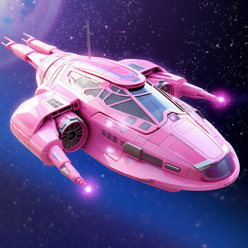 Fantastic Cartoon Pink Spaceship Flies in Outer Space. Concept for Celebrating Cosmonautics Day. Space Exploration, Satellite Launch, Flight to the Moon.