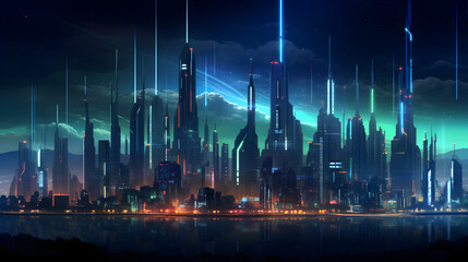 Fantasy futuristic night time cyberpunk city skyline cityscape 3D illustration,,
Futuristic cityscape in Metaverse Realty background with empty space for text Pro Photo