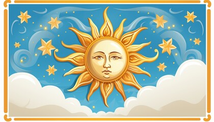 Fototapeta premium Aesthetic celestial banner with smiling sun, clouds, stars, and magic tarot card on white background