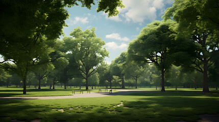 park landscape scene with green trees and walking paths for relaxation on sunny day,,
The park's stunning forest relax in a sheltered woodland park with a variety of green flora