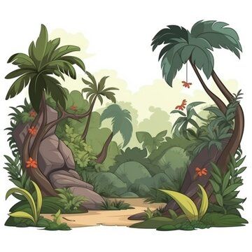 Beautiful cartoon jungle clipart scenery with animal white background © Indronath