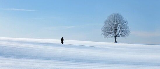 Fototapeta na wymiar A lone person walking in the snow near a tree