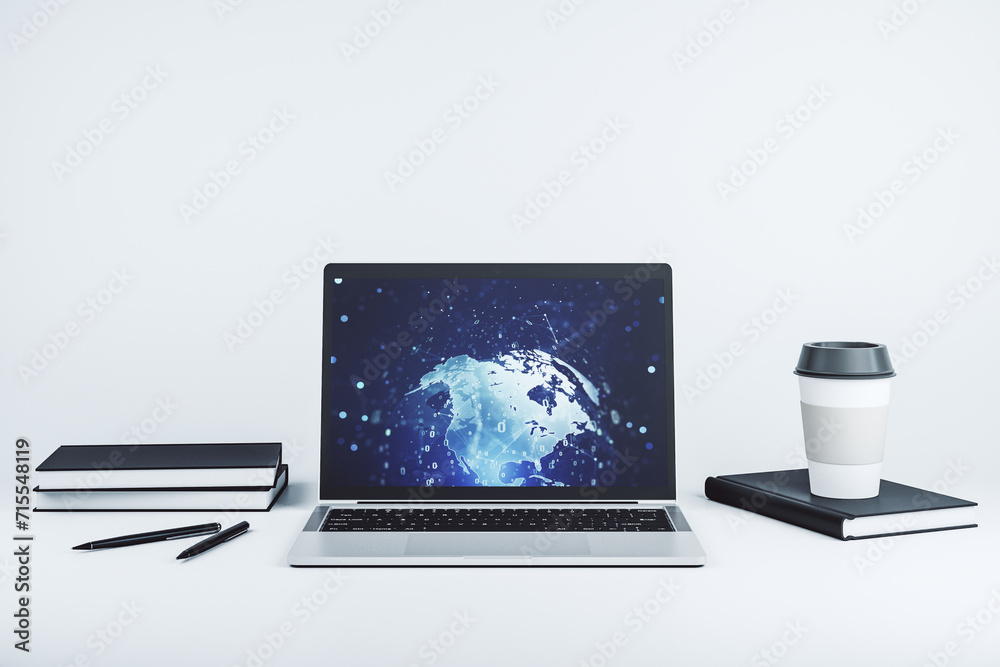 Leinwandbilder modern computer monitor with abstract programming language with world map, research and development 