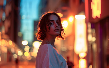Woman Standing on City Street at Night, Urban Scene in the Dark