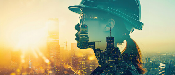 wallpaper of a Close up, female Construction engineering concept, represented by a double exposure of building engineers, architects, or construction workers at work