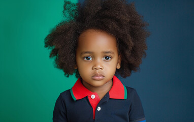 Young Child With Curly Afro Standing in Front of Green Background - obrazy, fototapety, plakaty