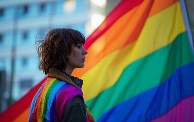 Woman Standing in Front of Rainbow Flag, Celebration of LGBTQ+ Identity