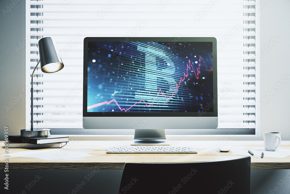 Poster creative bitcoin concept on modern laptop screen. 3d rendering