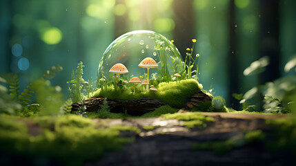 Close-up of green mushrooms growing in a glass sphere,,
Mini cities between nature and mushrooms