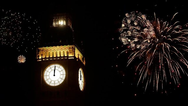 4K: Fireworks display over Big Ben in London, UK at night. New Year's Eve. Night. Stock Video Clip Footage