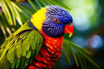 Vivid Rainbow Lorikeet with Lustrous Feathers, Close-Up Exotic Bird in Natural Habitat Concept