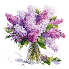 watercolor painting of lilac flowers in the arrangement is in a clear color.