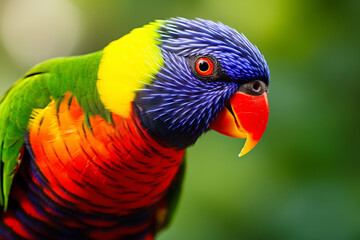 Naklejka premium Vivid Rainbow Lorikeet with Lustrous Feathers, Close-Up Exotic Bird in Natural Habitat Concept