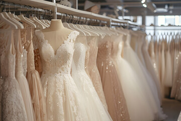 Fototapeta na wymiar Various elegant wedding dresses on display in a shop