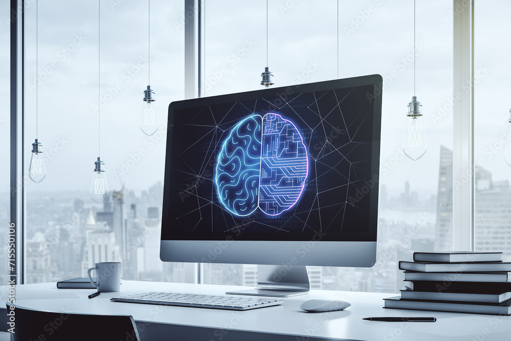 Fototapete modern computer monitor with creative artificial intelligence symbol. neural networks and machine le